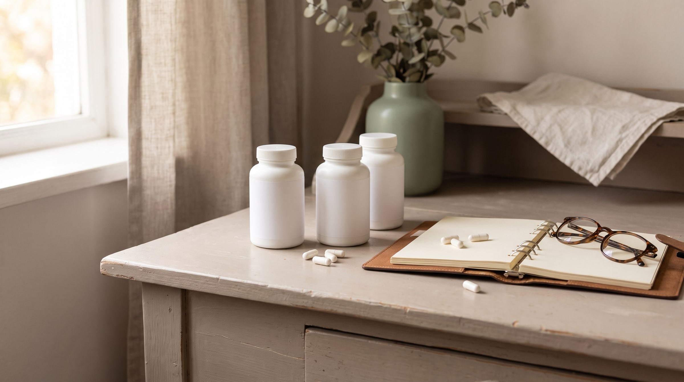 Three unlabelled supplement bottles beside an open notebook and reading glasses on a pale desk