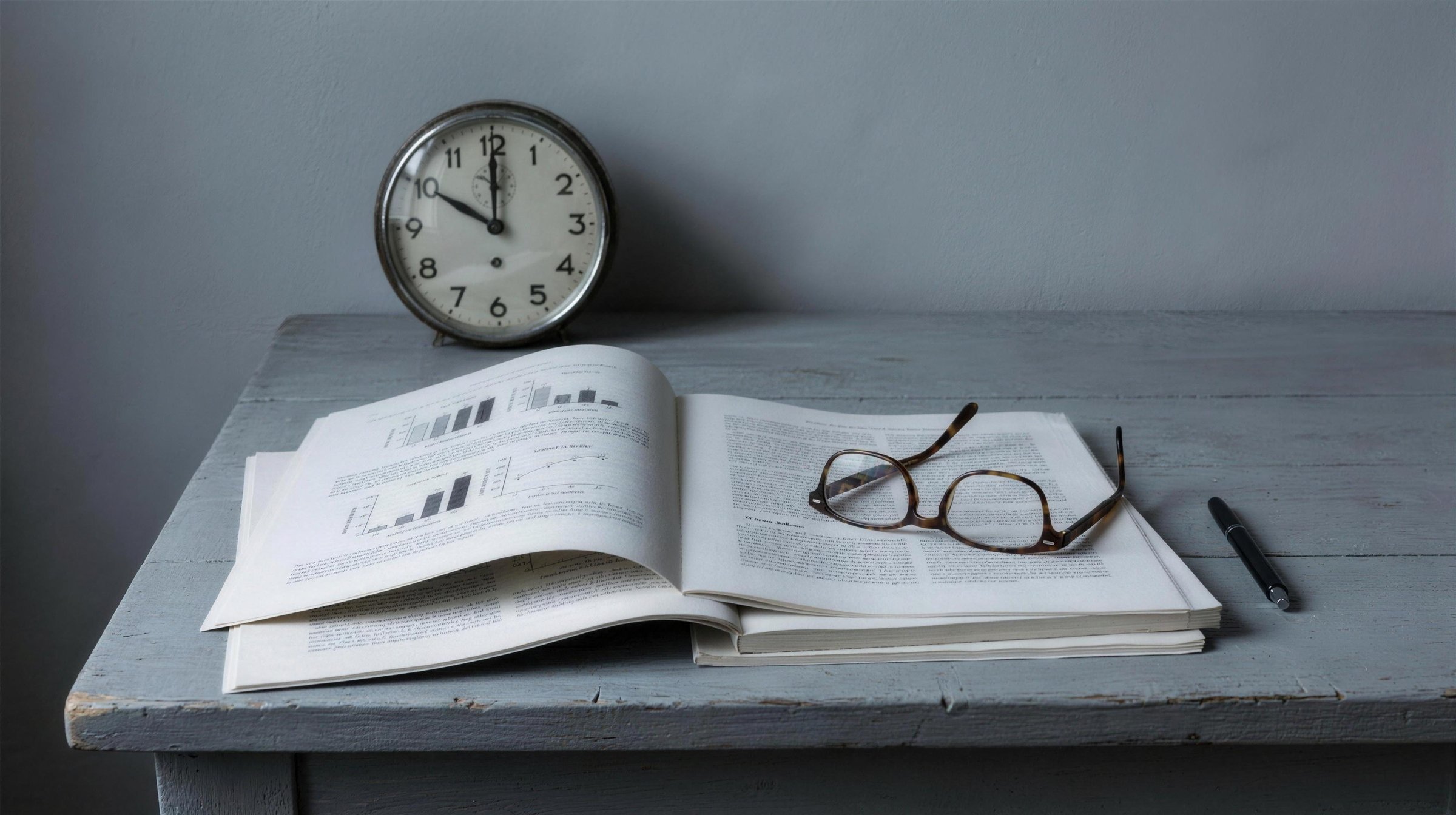 A printed study and reading glasses beside a clock