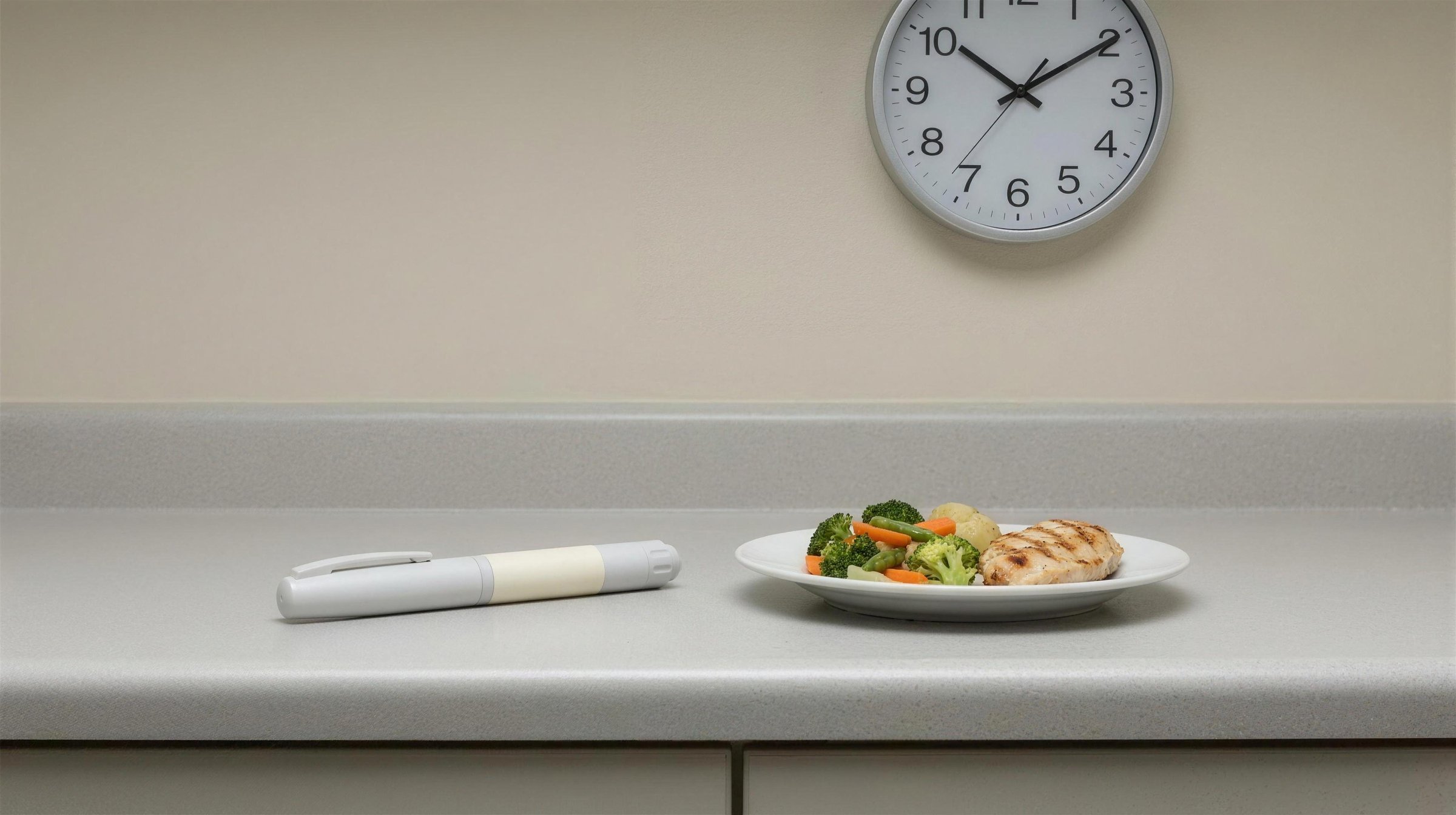 An unlabelled injector pen beside a small plate of food
