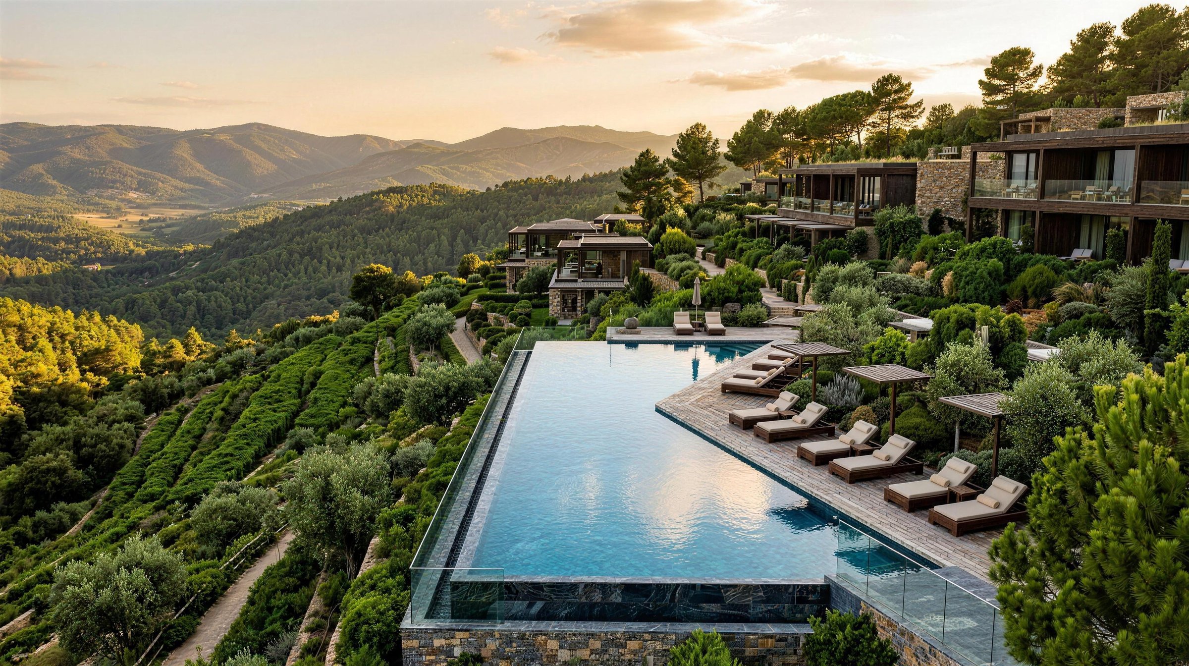 An infinity pool at a hillside wellness resort at golden hour